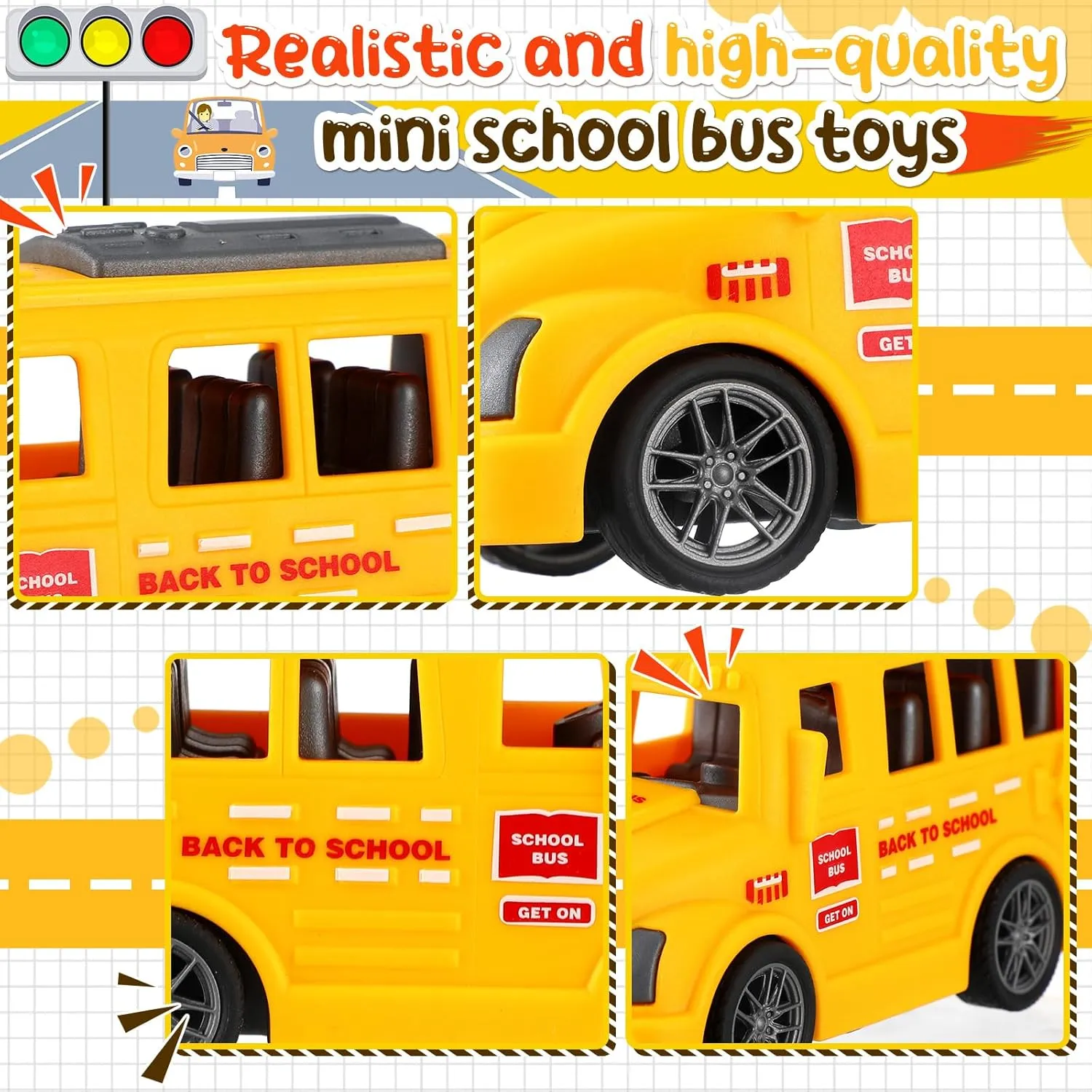 24 Pcs 3.9 Inch Mini School Bus Toy Bulk Plastic Yellow Small Bus Playset Back to School Classroom Gift Party Favor Car for Birthday Party Supplies Favors (Classic)