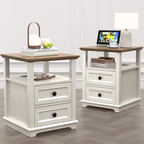 24” Tall Nightstand with Charging Station Set of 2, Fast Charge End Table Set of 2, Large 18” Bedside Table with Drawers, Storage Cabinet with Open Shelf for Bedroom, White