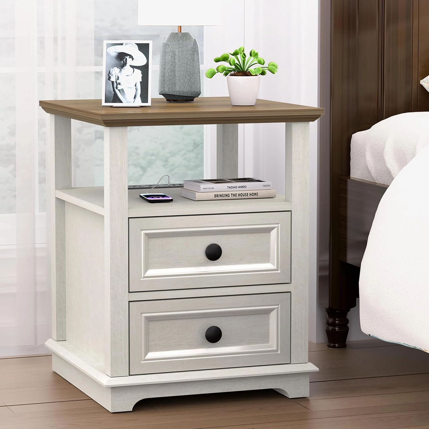 24” Tall Nightstand with Charging Station Set of 2, Fast Charge End Table Set of 2, Large 18” Bedside Table with Drawers, Storage Cabinet with Open Shelf for Bedroom, White
