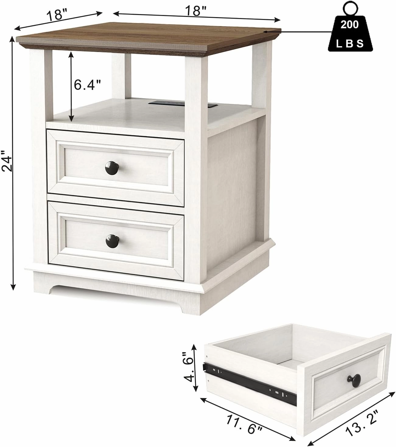 24” Tall Nightstand with Charging Station Set of 2, Fast Charge End Table Set of 2, Large 18” Bedside Table with Drawers, Storage Cabinet with Open Shelf for Bedroom, White