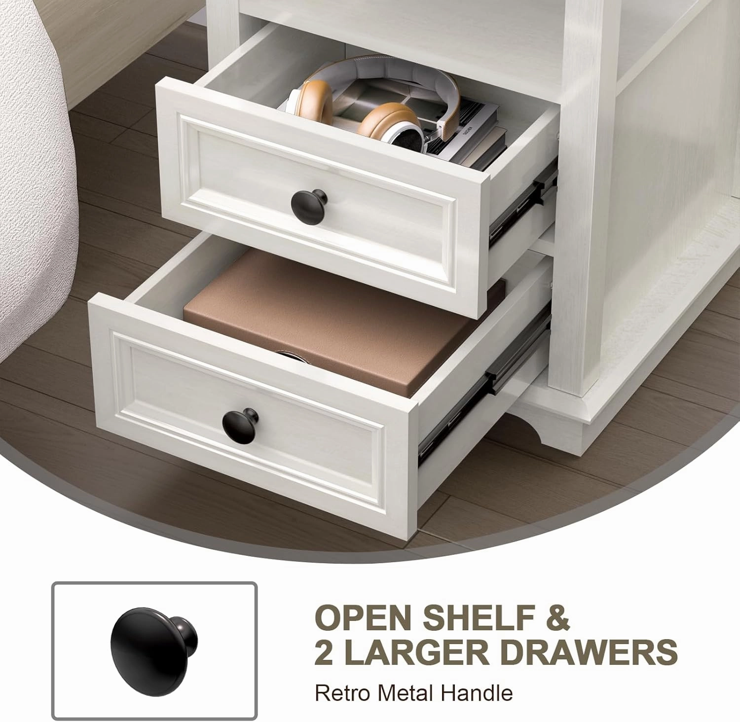 24” Tall Nightstand with Charging Station Set of 2, Fast Charge End Table Set of 2, Large 18” Bedside Table with Drawers, Storage Cabinet with Open Shelf for Bedroom, White