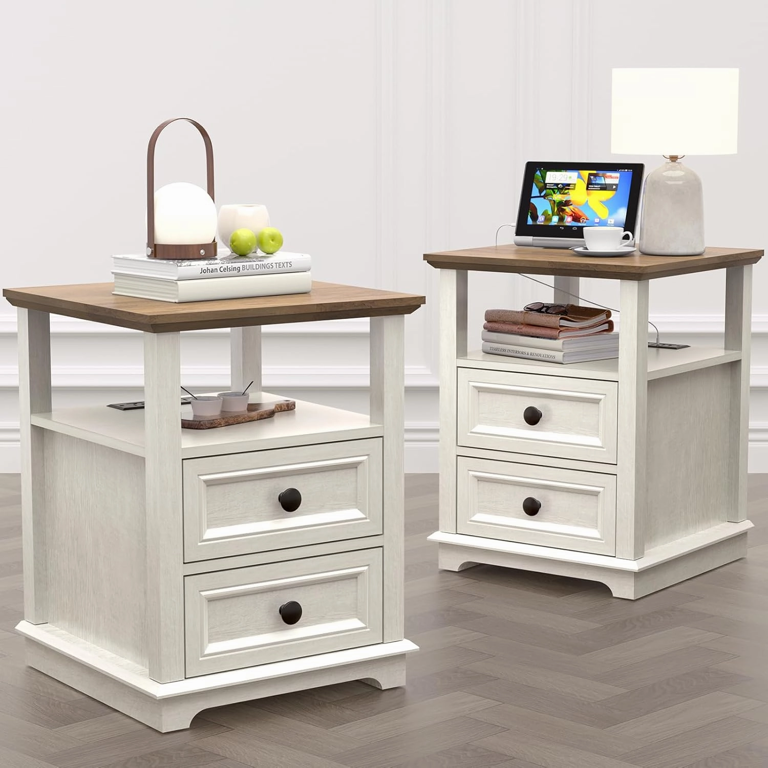 24” Tall Nightstand with Charging Station Set of 2, Fast Charge End Table Set of 2, Large 18” Bedside Table with Drawers, Storage Cabinet with Open Shelf for Bedroom, White