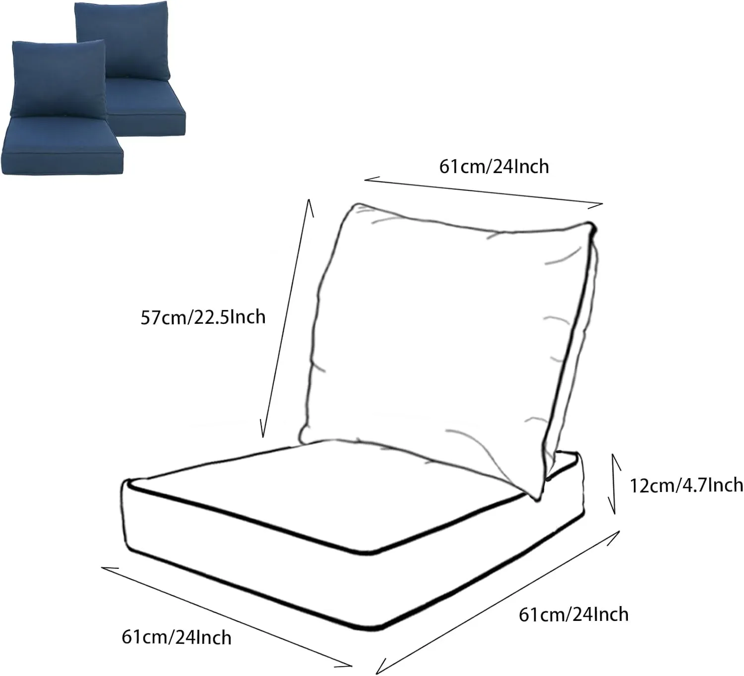 24x24 inch Outdoor/Indoor Deep Seat Patio Cushions Set of 2 Deep Seat Bottom Resilient Foam Filling with Ties&Zipper Water Repellent Stain-Resistant UV Resistant Weather Resistant Midnight