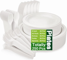 250 Piece Compostable Plates, Sugarcane Paper Plates with Extra Long Utensils, Eco Friendly Disposable Dinnerware Set Biodegradable Cutlery, Spoons, Forks and Knives for Party, Camping, Picnic(White)