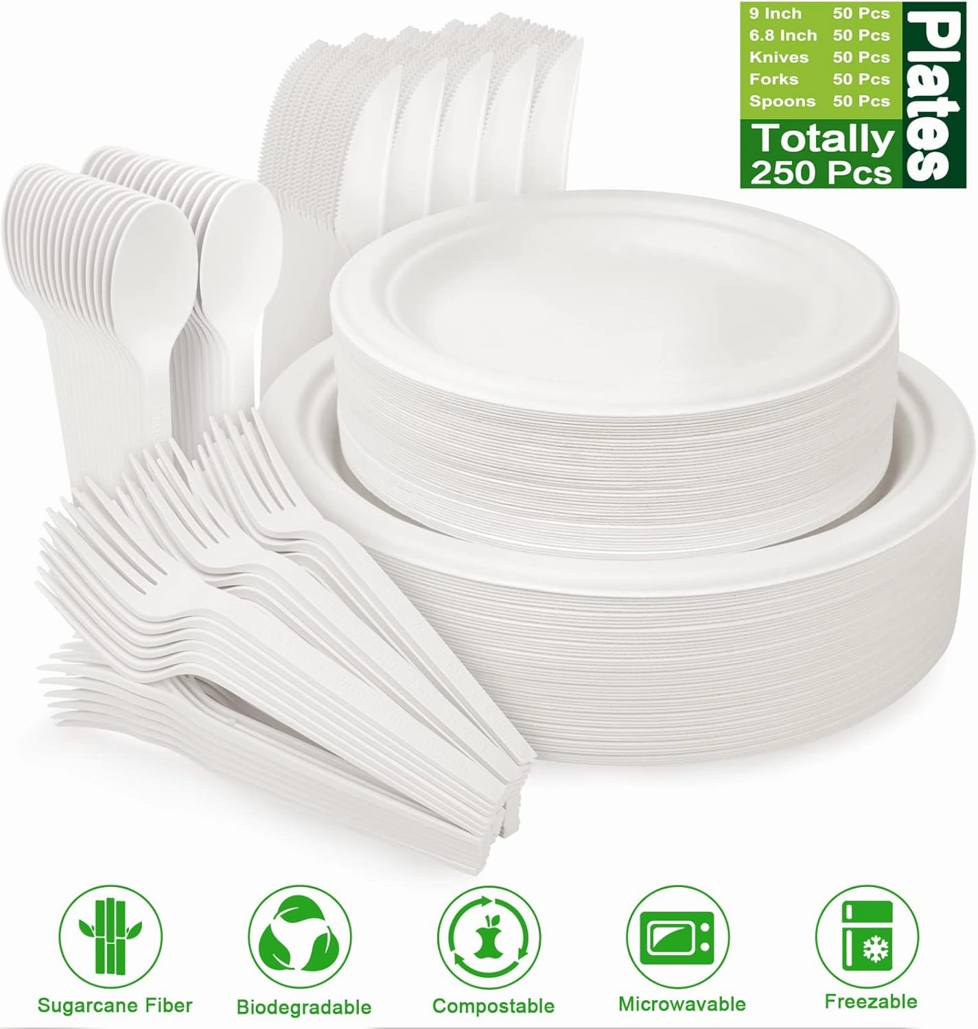 250 Piece Compostable Plates, Sugarcane Paper Plates with Extra Long Utensils, Eco Friendly Disposable Dinnerware Set Biodegradable Cutlery, Spoons, Forks and Knives for Party, Camping, Picnic(White)