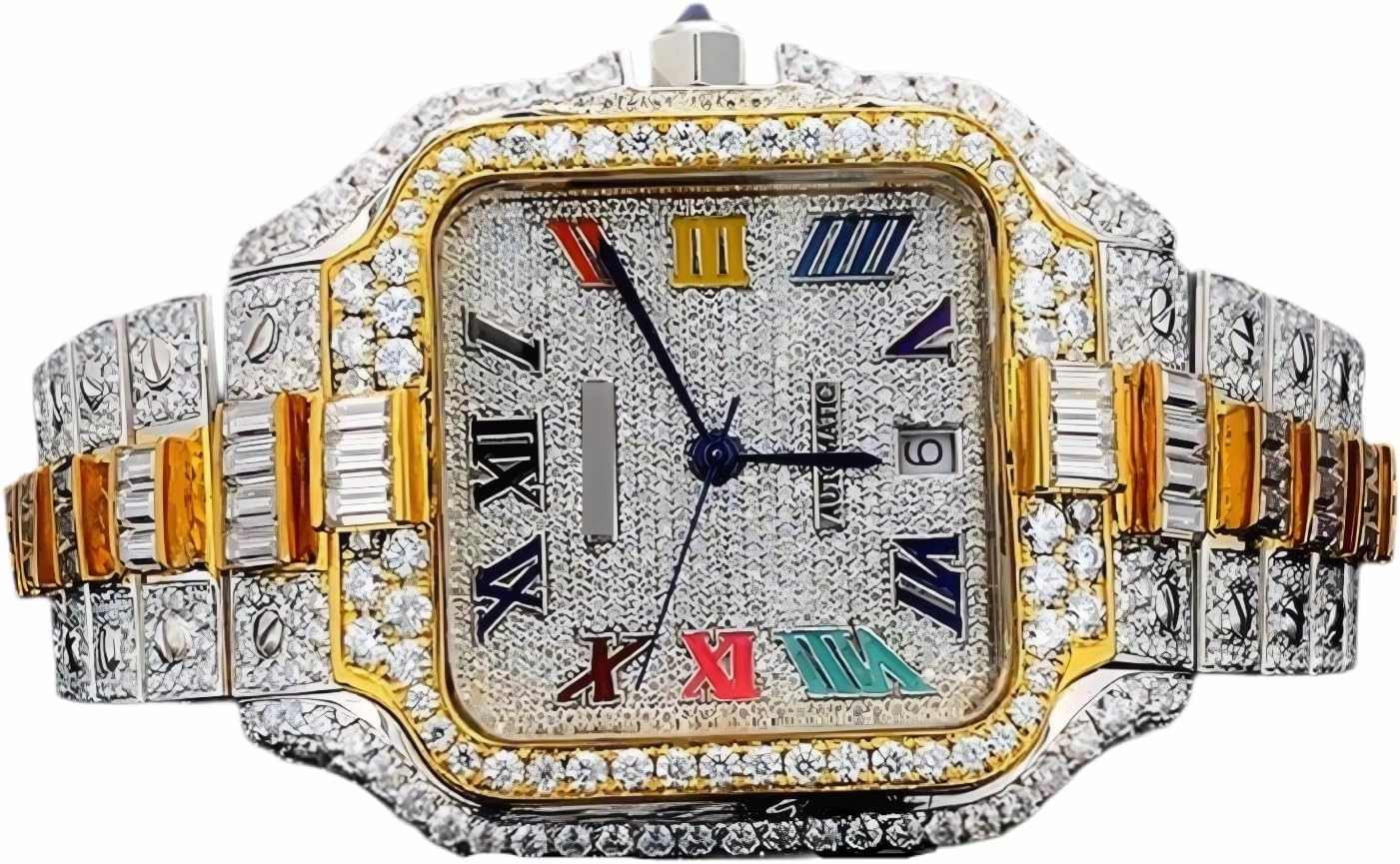 25 Carat Round Shape Diamond Hip Hop Style Fabulous Iced Out Roman Number Moissanite Watch for Men