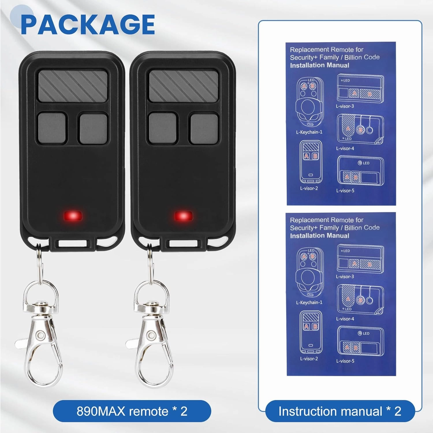 2 for Liftmaster Chamberlain Craftsman Garage Door Opener Remote 890Max, Key Chain Garage Door Opener Remote for Purple Red Yellow Orange Green Learn Buttons