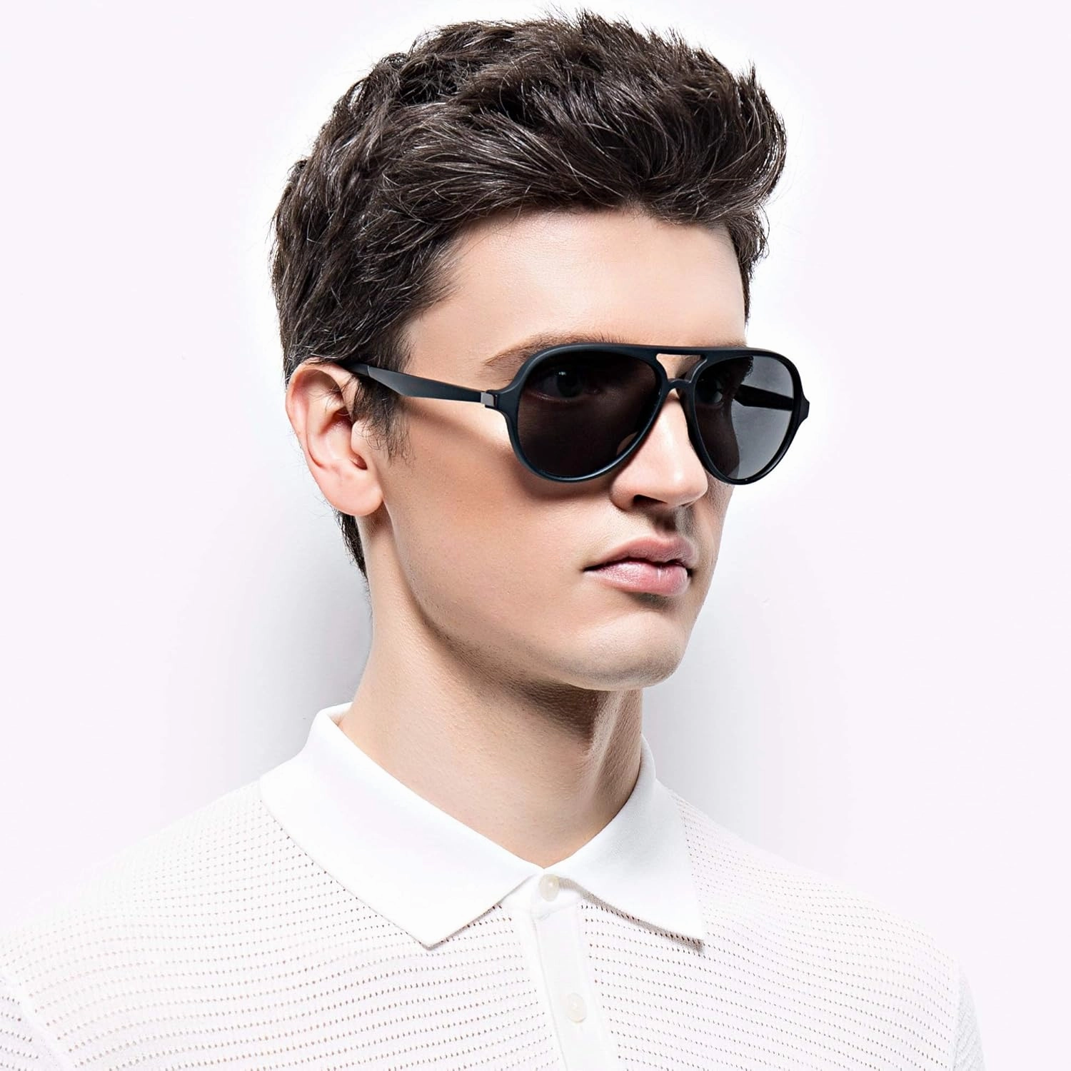 2 Pack Aviator Sunglasses For Men Polarized Lens Plastic Lightweight Double Bridge Frame UV Protection For Driving Matte Black Frame/Smoke Lens Blue Frame/Blue Revo Lens