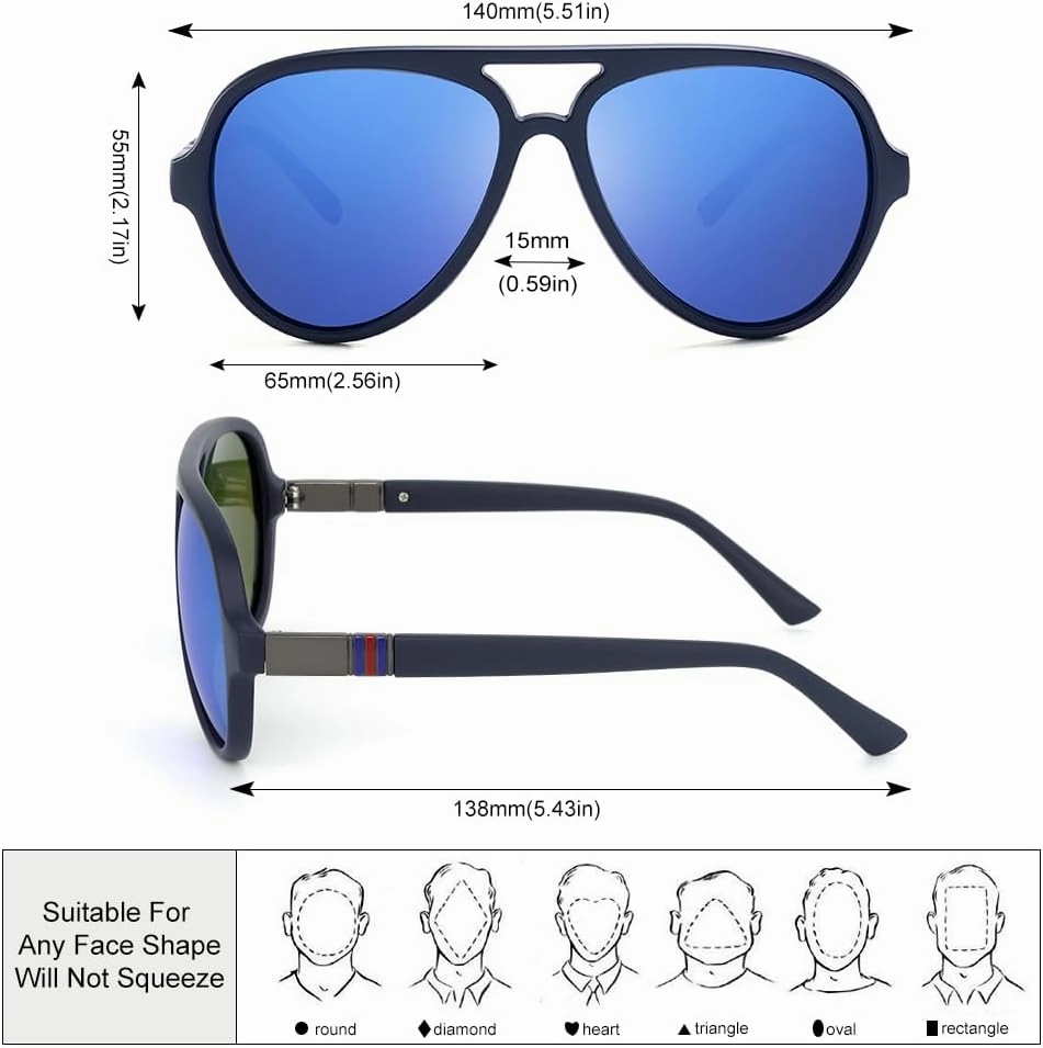 2 Pack Aviator Sunglasses For Men Polarized Lens Plastic Lightweight Double Bridge Frame UV Protection For Driving Matte Black Frame/Smoke Lens Blue Frame/Blue Revo Lens