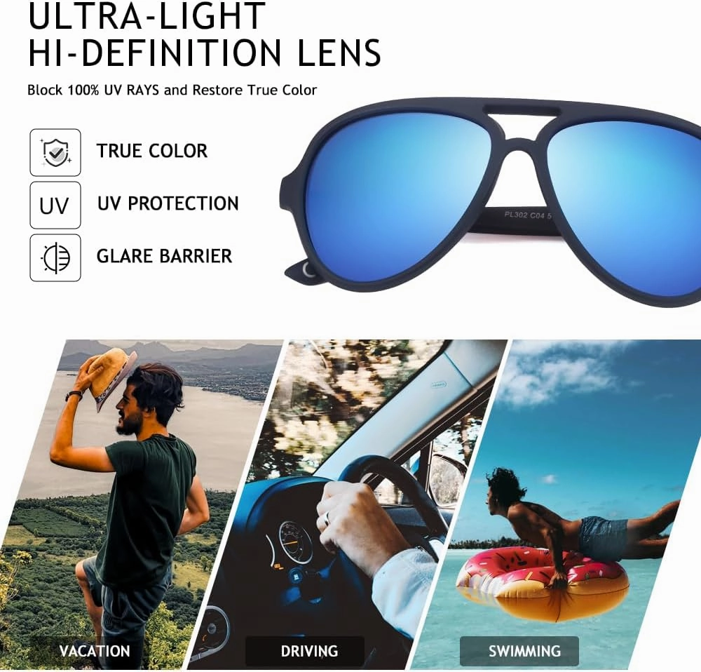 2 Pack Aviator Sunglasses For Men Polarized Lens Plastic Lightweight Double Bridge Frame UV Protection For Driving Matte Black Frame/Smoke Lens Blue Frame/Blue Revo Lens