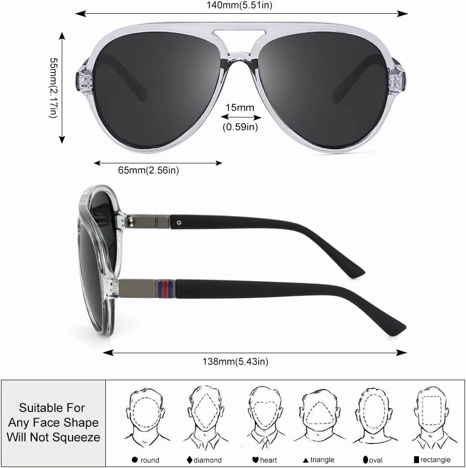 2 Pack Aviator Sunglasses For Men Polarized Lens Plastic Lightweight Double Bridge Frame UV Protection For Driving Matte Black Frame/Smoke Lens Transparent Grey Frame/Smoke Lens
