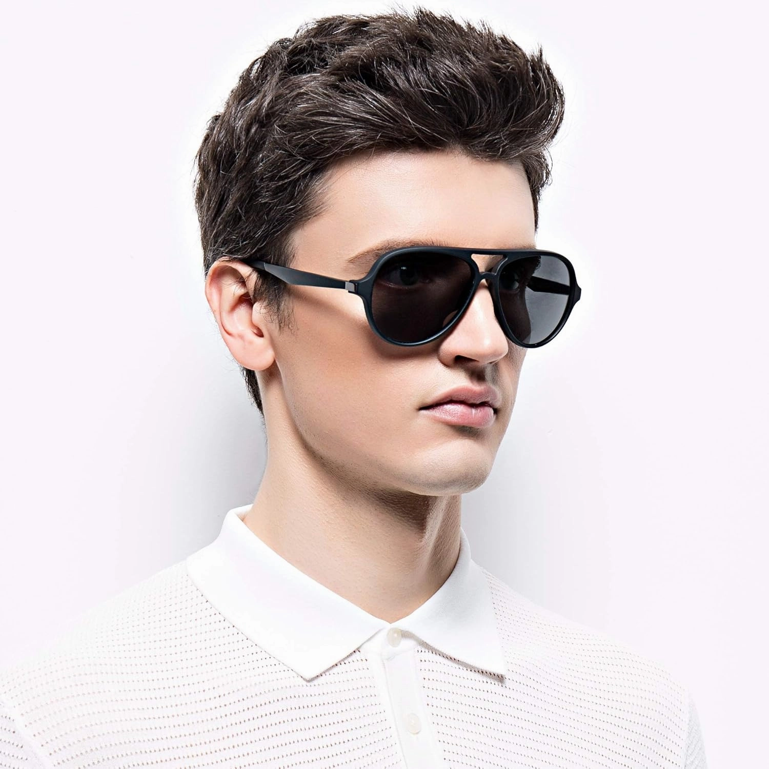 2 Pack Aviator Sunglasses For Men Polarized Lens Plastic Lightweight Double Bridge Frame UV Protection For Driving Matte Black Frame/Smoke Lens Transparent Grey Frame/Smoke Lens