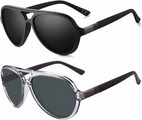 2 Pack Aviator Sunglasses For Men Polarized Lens Plastic Lightweight Double Bridge Frame UV Protection For Driving Matte Black Frame/Smoke Lens Transparent Grey Frame/Smoke Lens