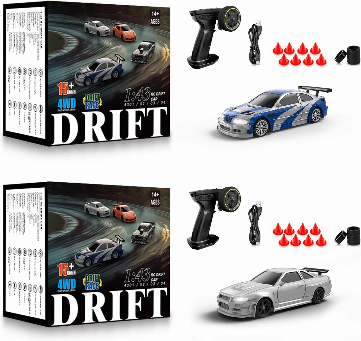 2 Pcs RC Drift Car, 1/43 Scale 2.4GHz Full Proportional Mini RC Remote Control Sports Car, 4WD High Speed Race Car with Lights, Racing Tires, RC Model Cars Toy Gift for Adults, Kids, Boys, Girls