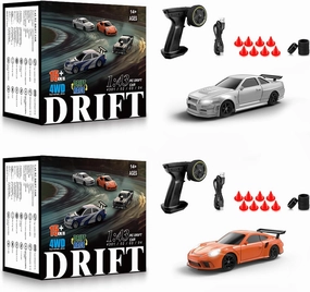 2 Pcs RC Drift Car, 1/43 Scale 2.4GHz Full Proportional Mini RC Remote Control Sports Car, 4WD High Speed Race Car with Lights, Racing Tires, RC Model Cars Toy Gift for Adults, Kids, Boys, Girls