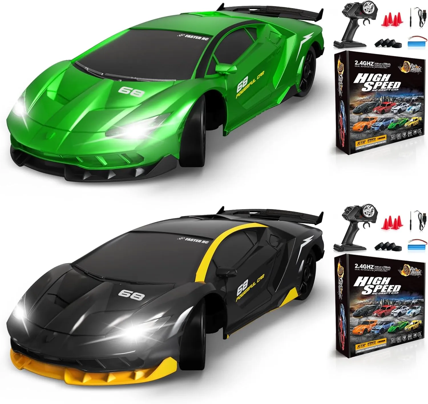2PCS RC Drift Car Remote Control Car 2.4GHz 1/24 4WD 15KM/H High Speed Racing Sport Car with LED Lights Drifting Tire Racing Sport Toy for Adults Boys Girls Kids Gift 2Pcs Rechargeable Batteries