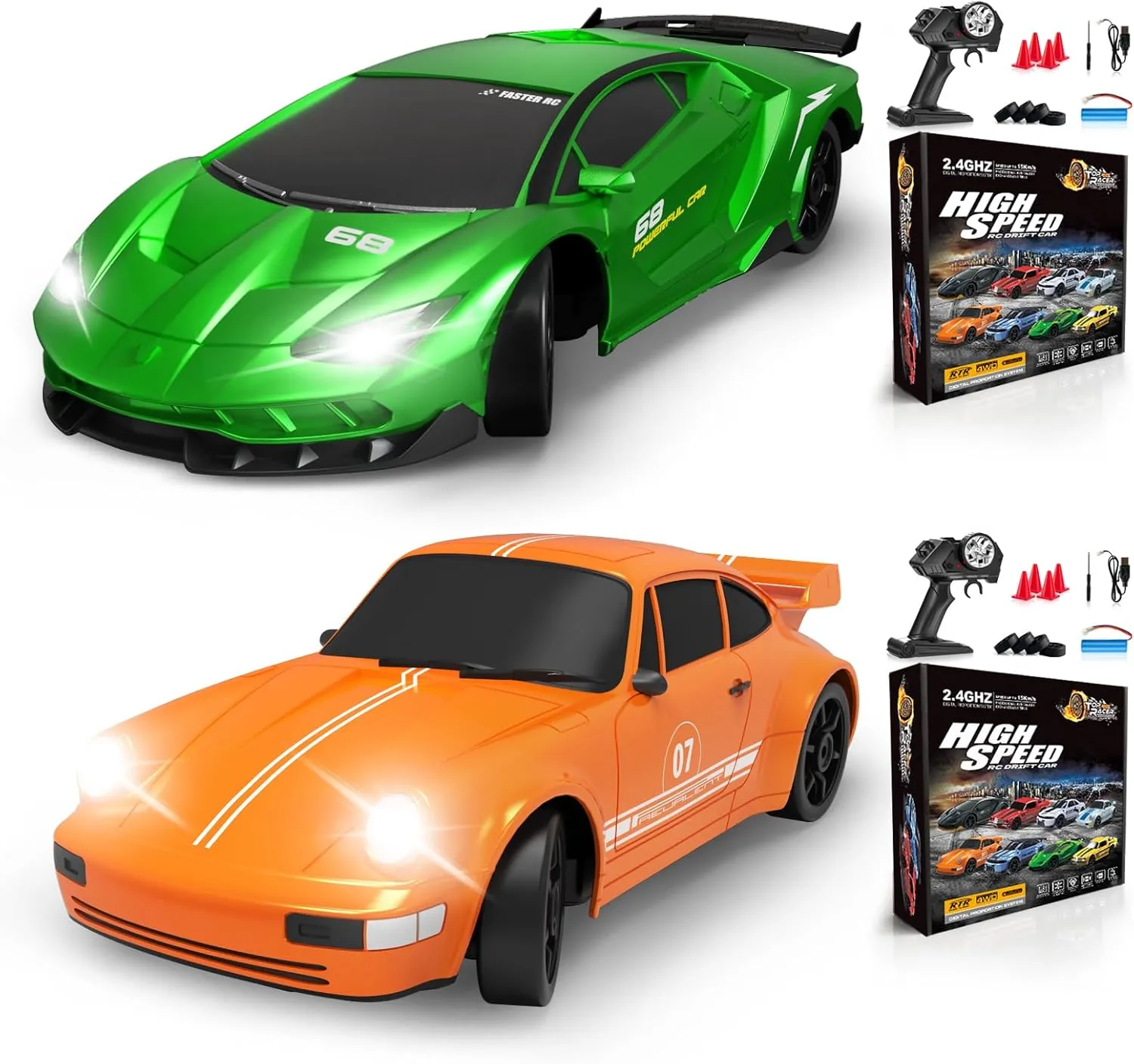 2PCS RC Drift Car Remote Control Car 2.4GHz 1/24 4WD 15KM/H High Speed Racing Sport Car with LED Lights Drifting Tire Racing Sport Toy for Adults Boys Girls Kids Gift 2Pcs Rechargeable Batteries