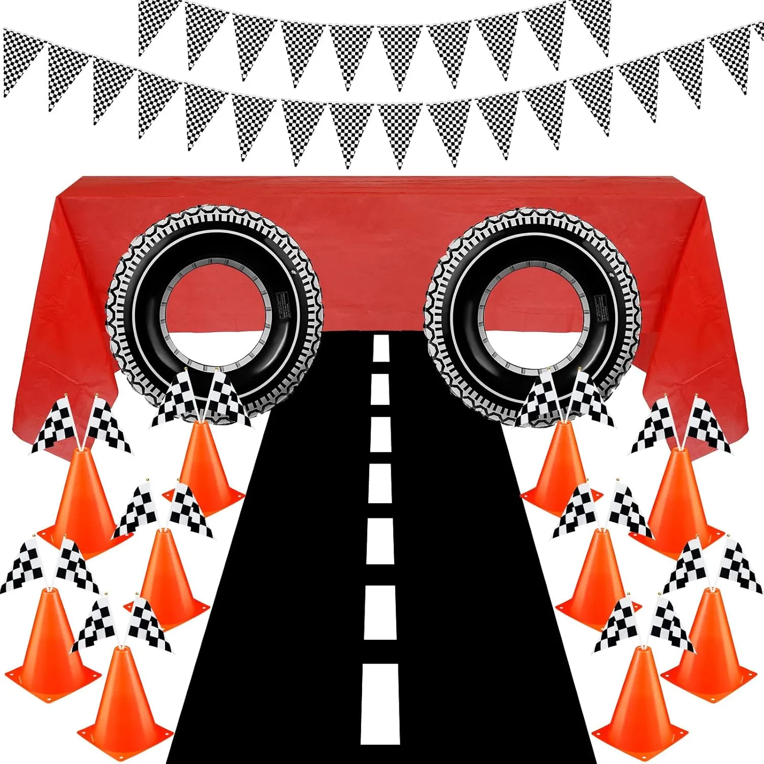 30 Pcs Checkered Racing Car Party Decorations Checked Race Flag Tablecloth Mini Traffic Cones Racing Pennant Banner Race Track Running Mat Tire Tubes Swimming for Decor (Red Tablecloth)