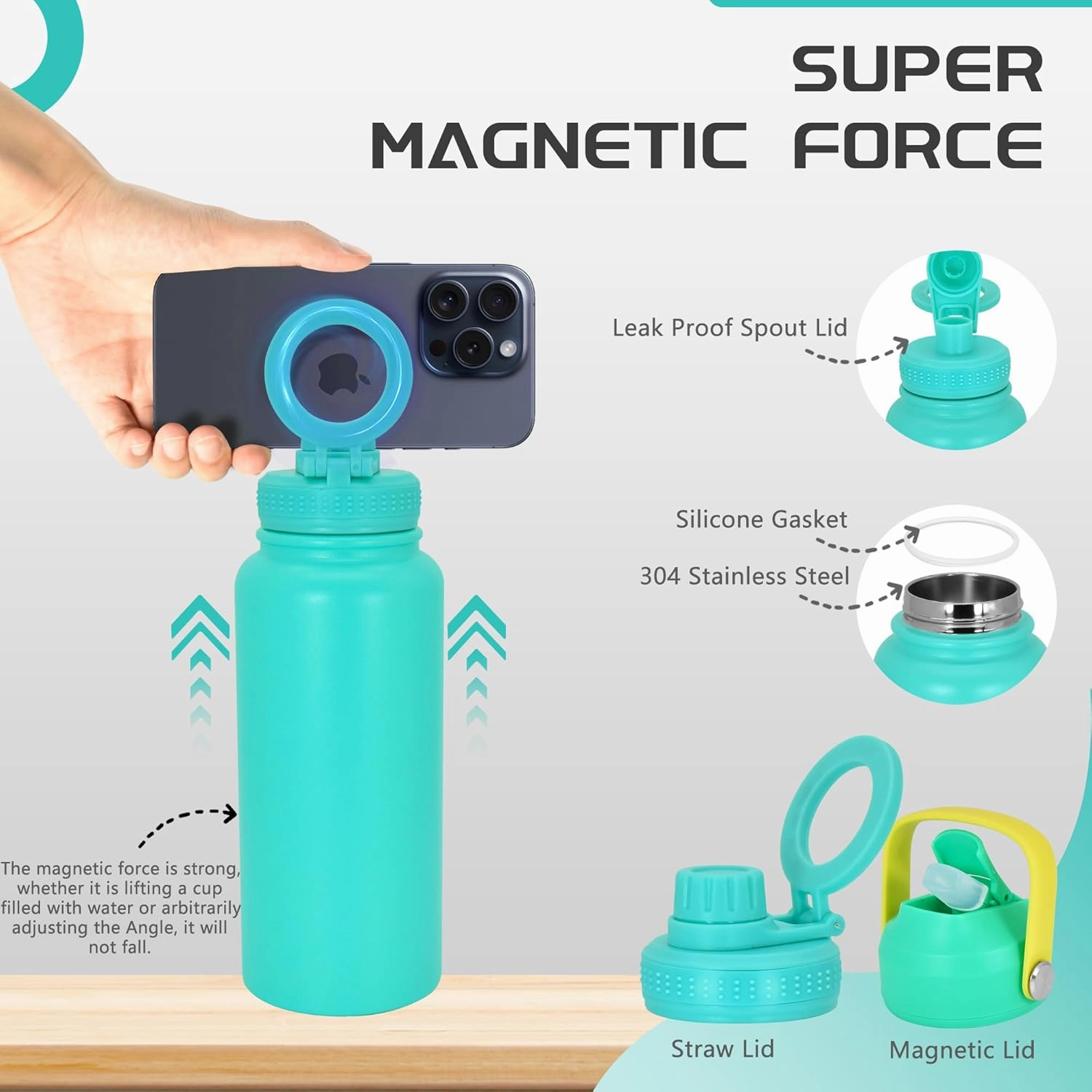 32oz Water Bottle with Magnetic Phone Holder, Stainless Steel Water Bottles Compatible with MagSafe Phone Mount and Tripod for iPhone, Double Walled Insulated tumbler for Gym Sport, Green