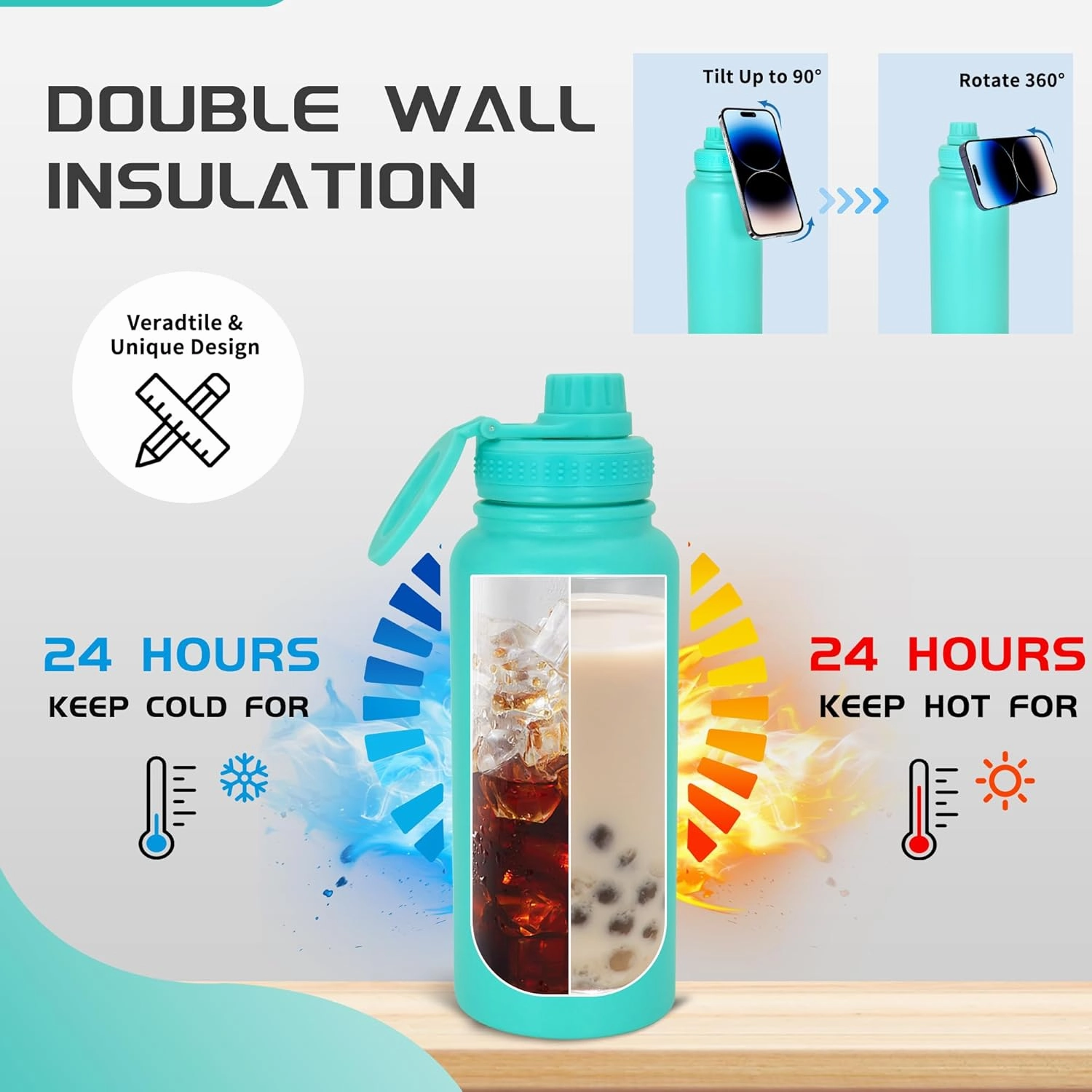 32oz Water Bottle with Magnetic Phone Holder, Stainless Steel Water Bottles Compatible with MagSafe Phone Mount and Tripod for iPhone, Double Walled Insulated tumbler for Gym Sport, Green
