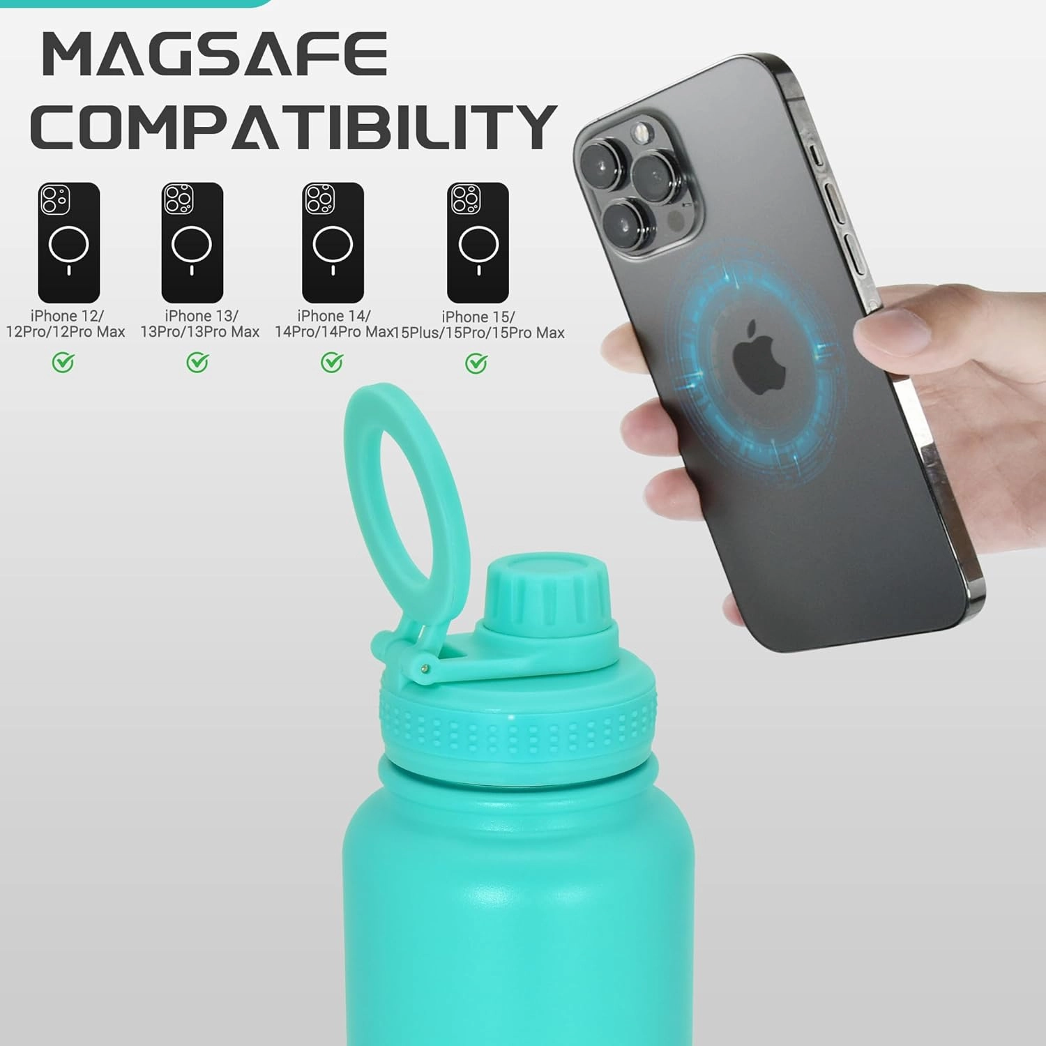32oz Water Bottle with Magnetic Phone Holder, Stainless Steel Water Bottles Compatible with MagSafe Phone Mount and Tripod for iPhone, Double Walled Insulated tumbler for Gym Sport, Green