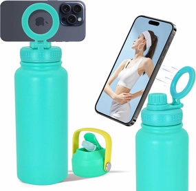 32oz Water Bottle with Magnetic Phone Holder, Stainless Steel Water Bottles Compatible with MagSafe Phone Mount and Tripod for iPhone, Double Walled Insulated tumbler for Gym Sport, Green