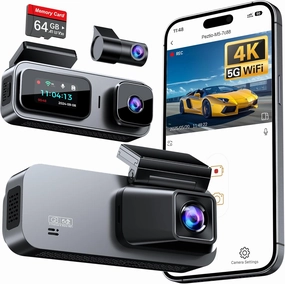 3 Channel 4K Dash Cam Front and Rear Inside, Built-in 5G WiFi, 4K 1080P 1080P Dash Camera for Cars with 64GB Card, Dashcam with Loop Recording, G-Sensor, 24H Parking Monitor, Silver