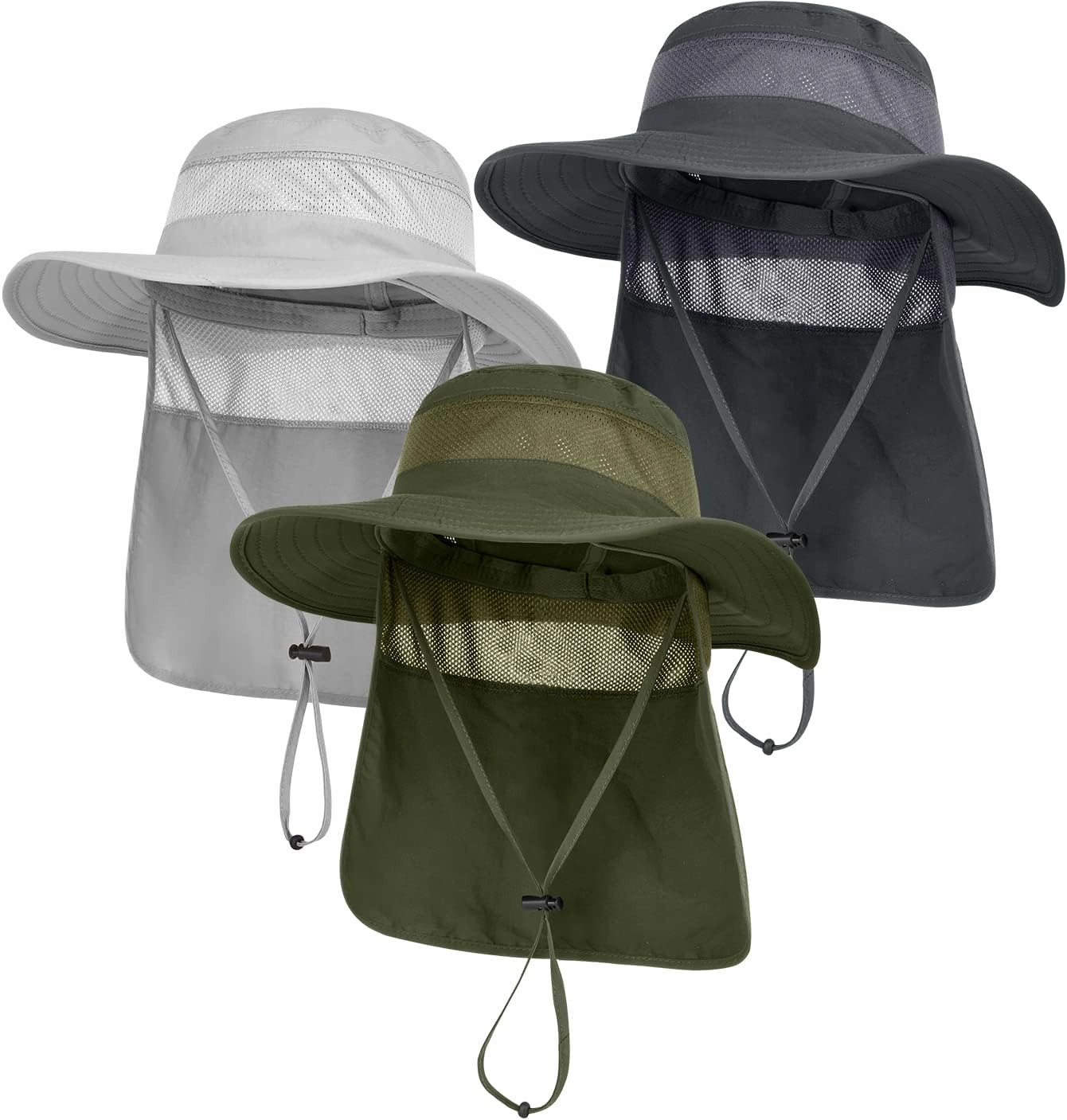 3 Pack Mens UPF 50  Wide Brim Sun Hat with Neck Flap for Fishing Hiking Garden