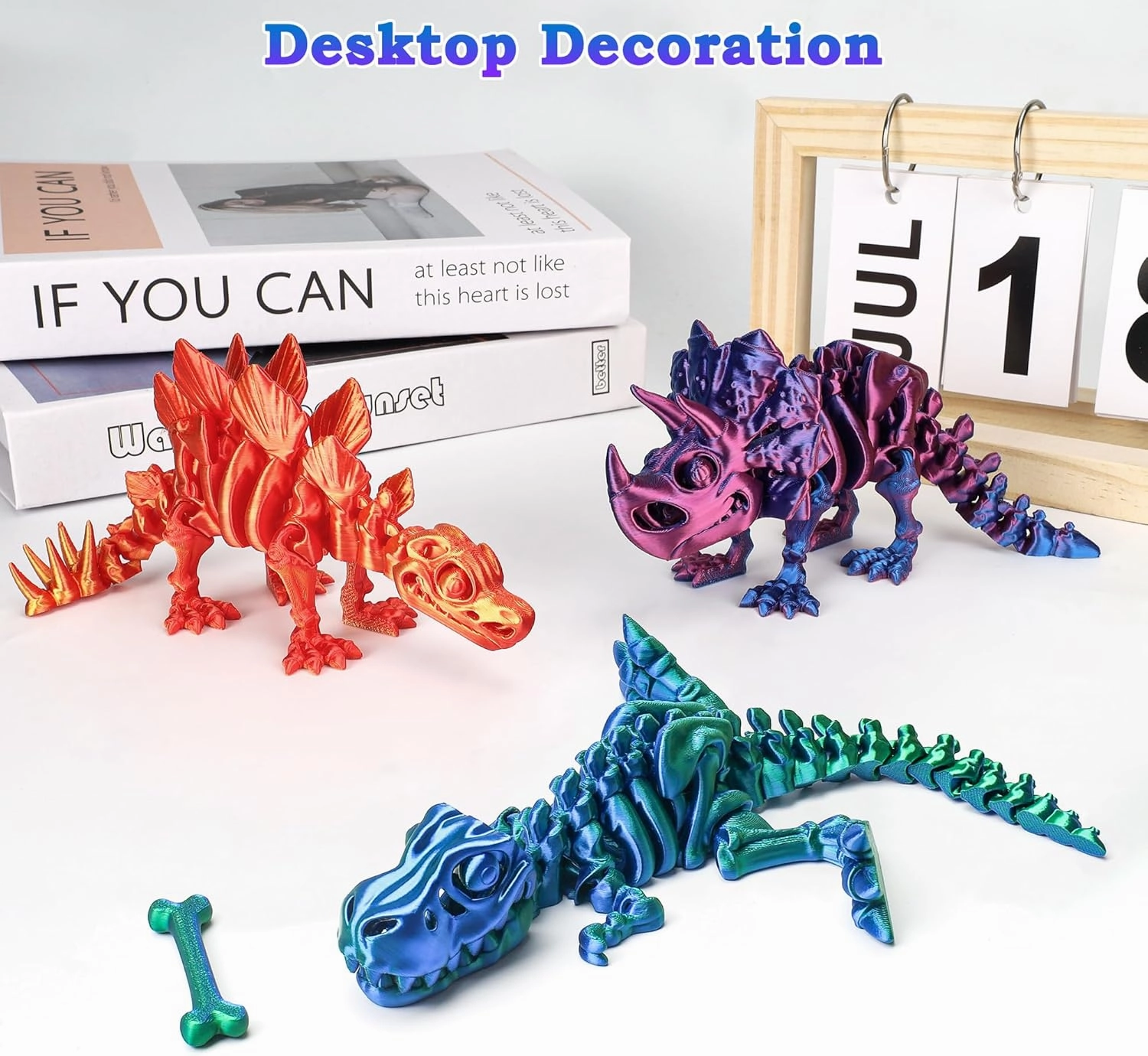 3PCS 3D Printed Dinosaur Skeletons, 3D Printed Dragon Animals Toys, T-Rex Triceratops Stegosaurus Fidget Toys Adults Desk, Poseable with Articulated Joints, Home Decor, Stress Relief Toy