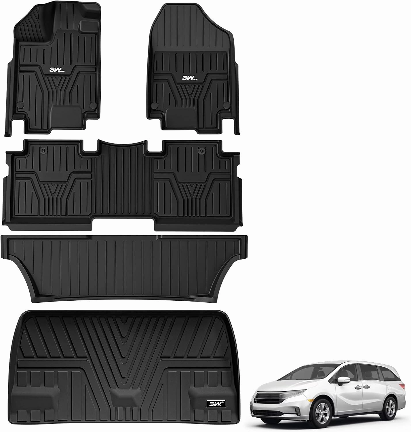 3W Floor Mats & Cargo Liner Fit for Honda Odyssey 2025 2024 2023 2022 2021 2020 2019 2018 Mini Passenger Van, All Weather TPE Floor Liners 1st 2nd & 3rd Rows Car Mats and Trunk Liner, Black