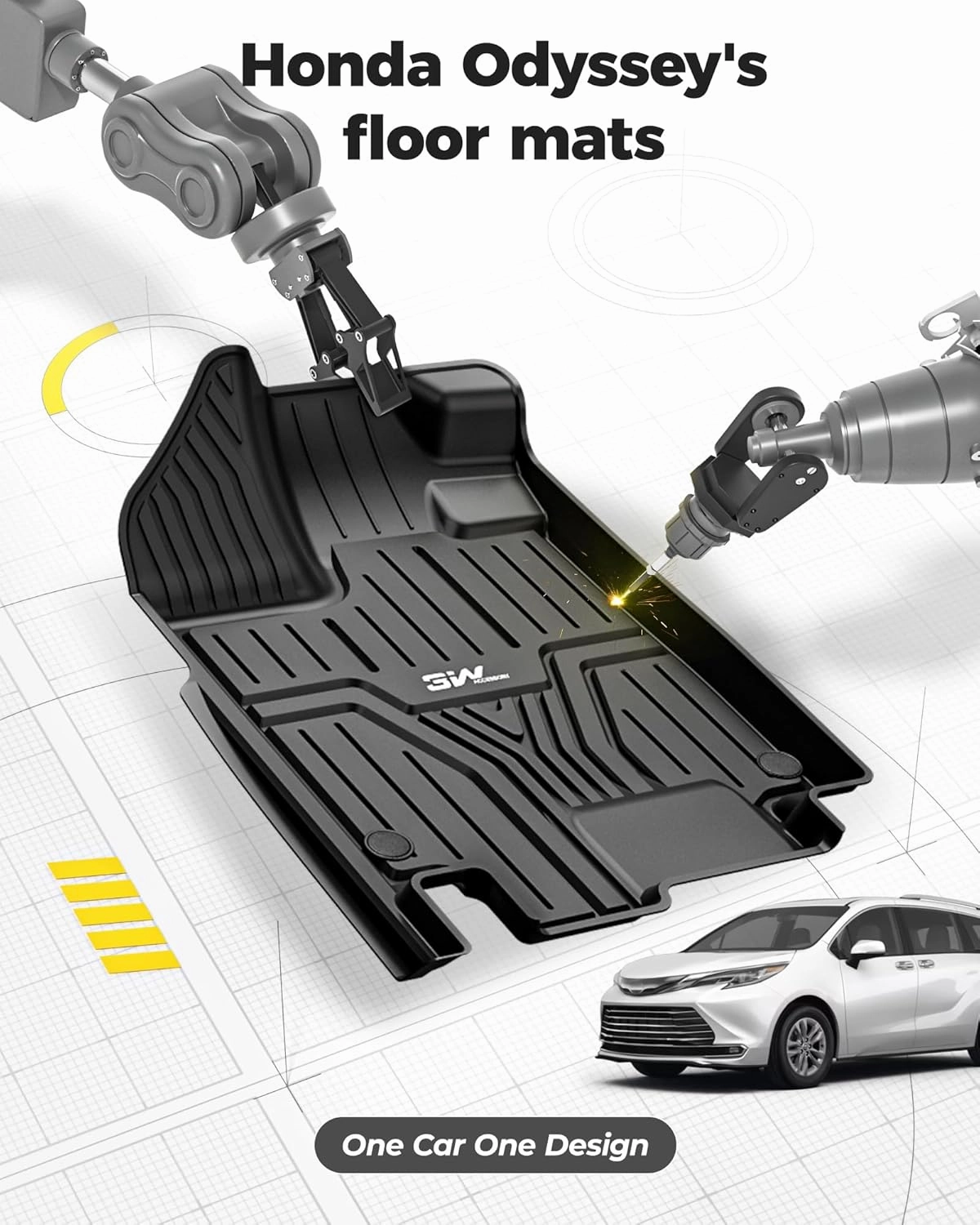 3W Floor Mats & Cargo Liner Fit for Honda Odyssey 2025 2024 2023 2022 2021 2020 2019 2018 Mini Passenger Van, All Weather TPE Floor Liners 1st 2nd & 3rd Rows Car Mats and Trunk Liner, Black
