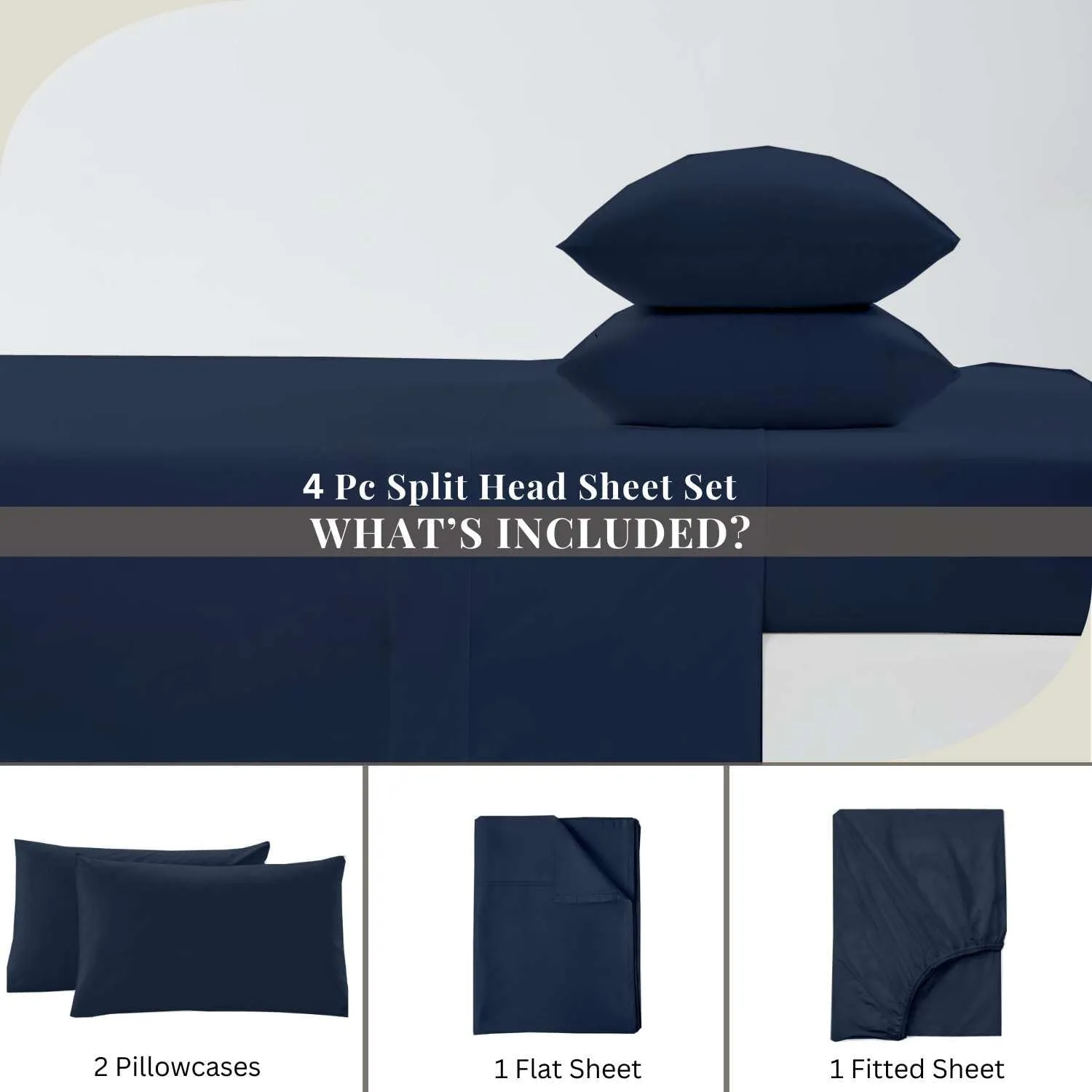 4 Piece Split Head Flex King Sheet Set for Sleep Number Bed, Ultra Soft Microfiber Sheets, 34" Down Fitted Cover Fits 15" Deep Pocket Mattress, 78" x 80", Navy Blue Solid