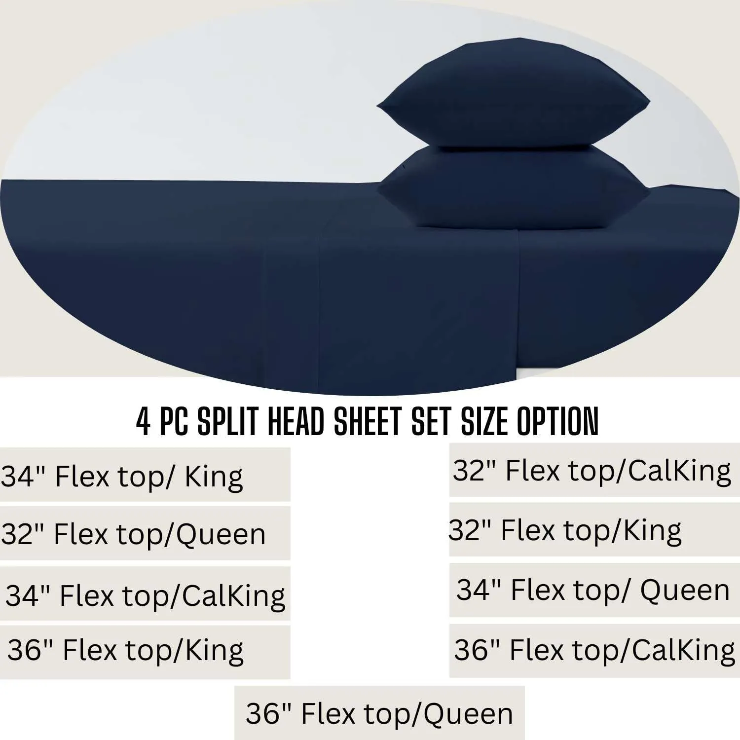 4 Piece Split Head Flex King Sheet Set for Sleep Number Bed, Ultra Soft Microfiber Sheets, 34" Down Fitted Cover Fits 15" Deep Pocket Mattress, 78" x 80", Navy Blue Solid