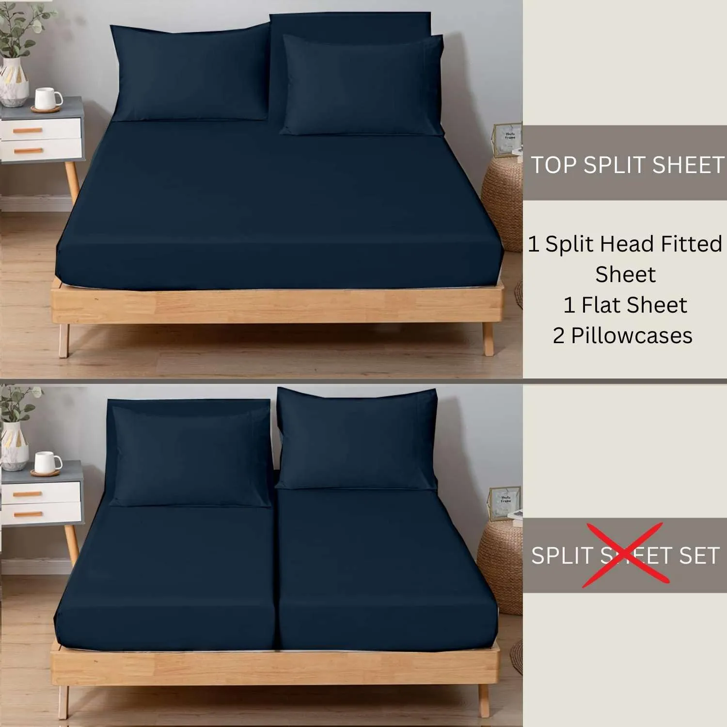4 Piece Split Head Flex King Sheet Set for Sleep Number Bed, Ultra Soft Microfiber Sheets, 34" Down Fitted Cover Fits 15" Deep Pocket Mattress, 78" x 80", Navy Blue Solid