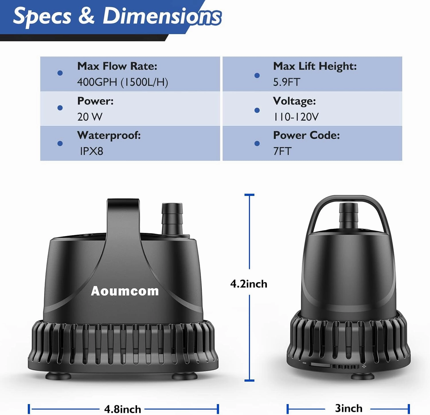 400GPH Submersible Water Pump, 20W Water Fountain Pump, Aquarium Pump, 1500L/H Water Pump with 7ft Power Cord for Garden Fountain, Water Table, Waterfall, Fish Tank, Pond, Hydroponics