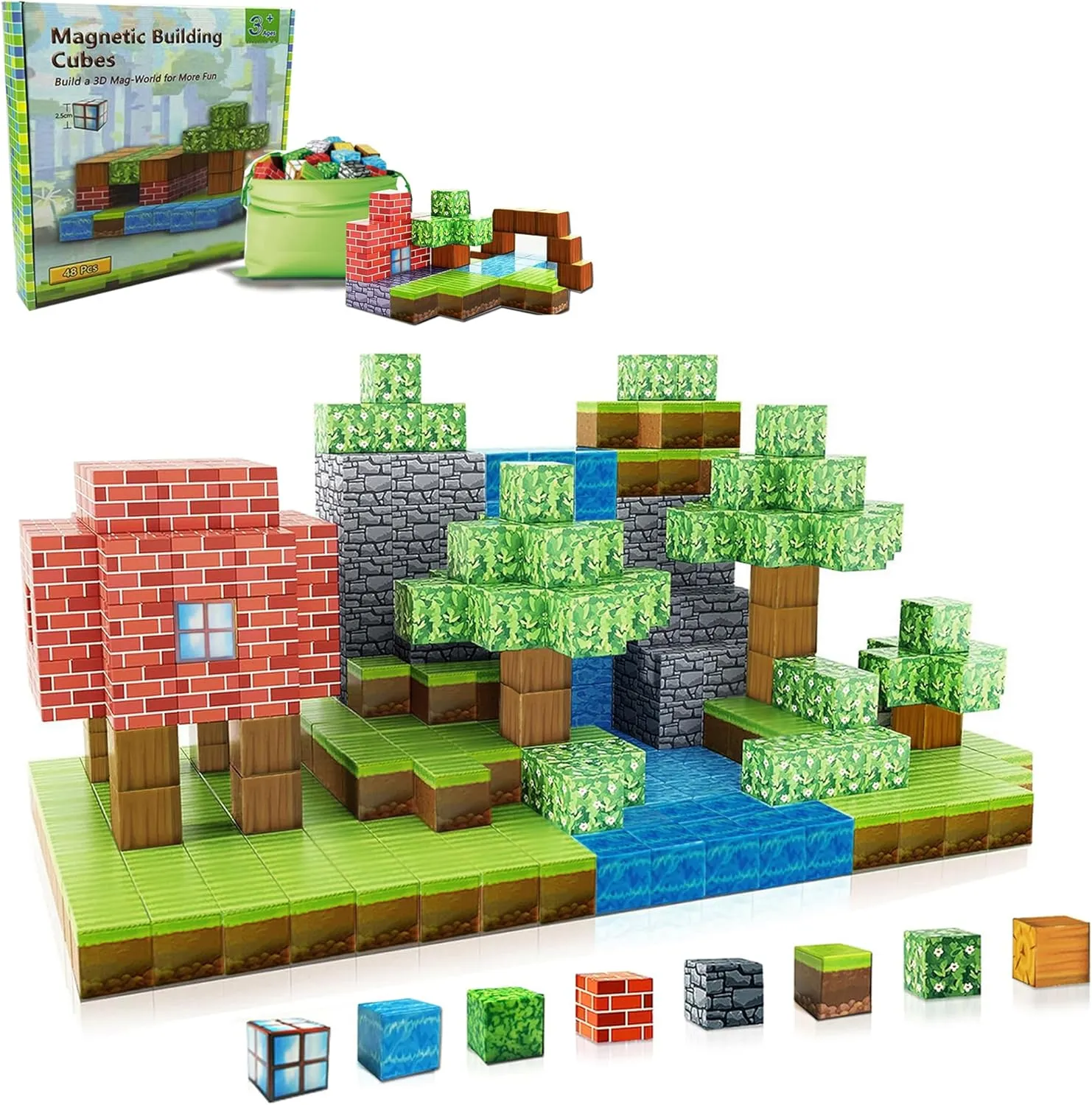 48PCS Magnetic Blocks-Build Mine Magnet World Set for Boys & Girls Age 3-5 6-8, STEM Sensory Toys for Toddlers Gifts for 3  Years Old Girls Boys,1" Magnet Cubes Classroom Must Haves Construction Toys