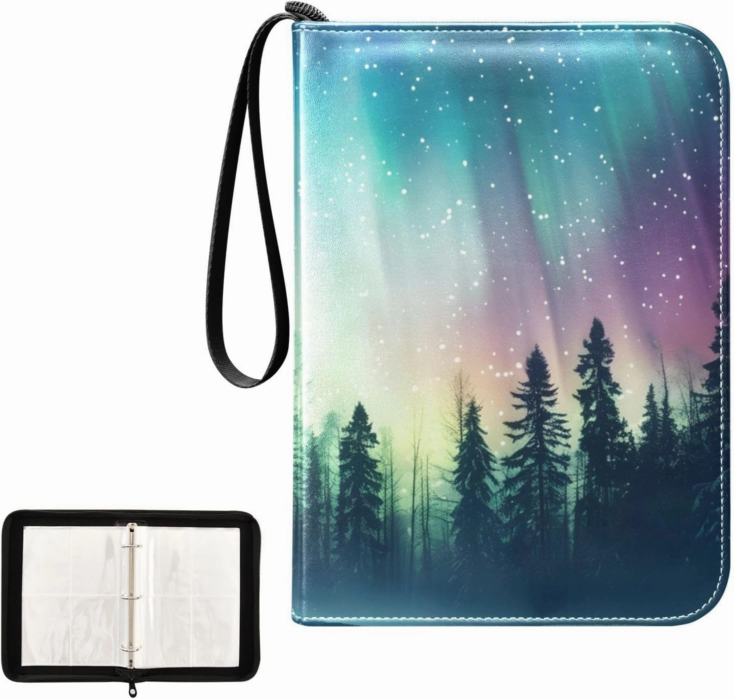 4 Pockets Trading Card Album Holder Book Folder Sports Card Binder Aurora Forest Snow 400 Double Side Pockets for 3 Ring Binder Zipper