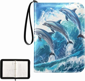 4 Pockets Trading Card Album Holder Book Folder Sports Card Binder Beautiful Dolphins Jumped 400 Double Side Pockets for 3 Ring Binder Zipper