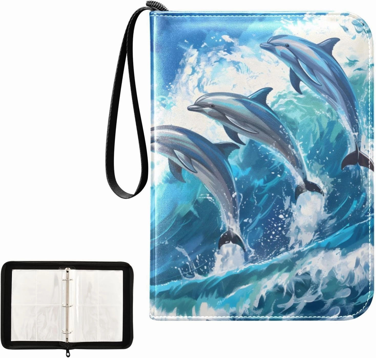 4 Pockets Trading Card Album Holder Book Folder Sports Card Binder Beautiful Dolphins Jumped 400 Double Side Pockets for 3 Ring Binder Zipper