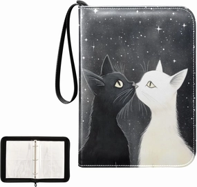 4 Pockets Trading Card Album Holder Book Folder Sports Card Binder Black Cat White Cat 400 Double Side Pockets for 3 Ring Binder Zipper