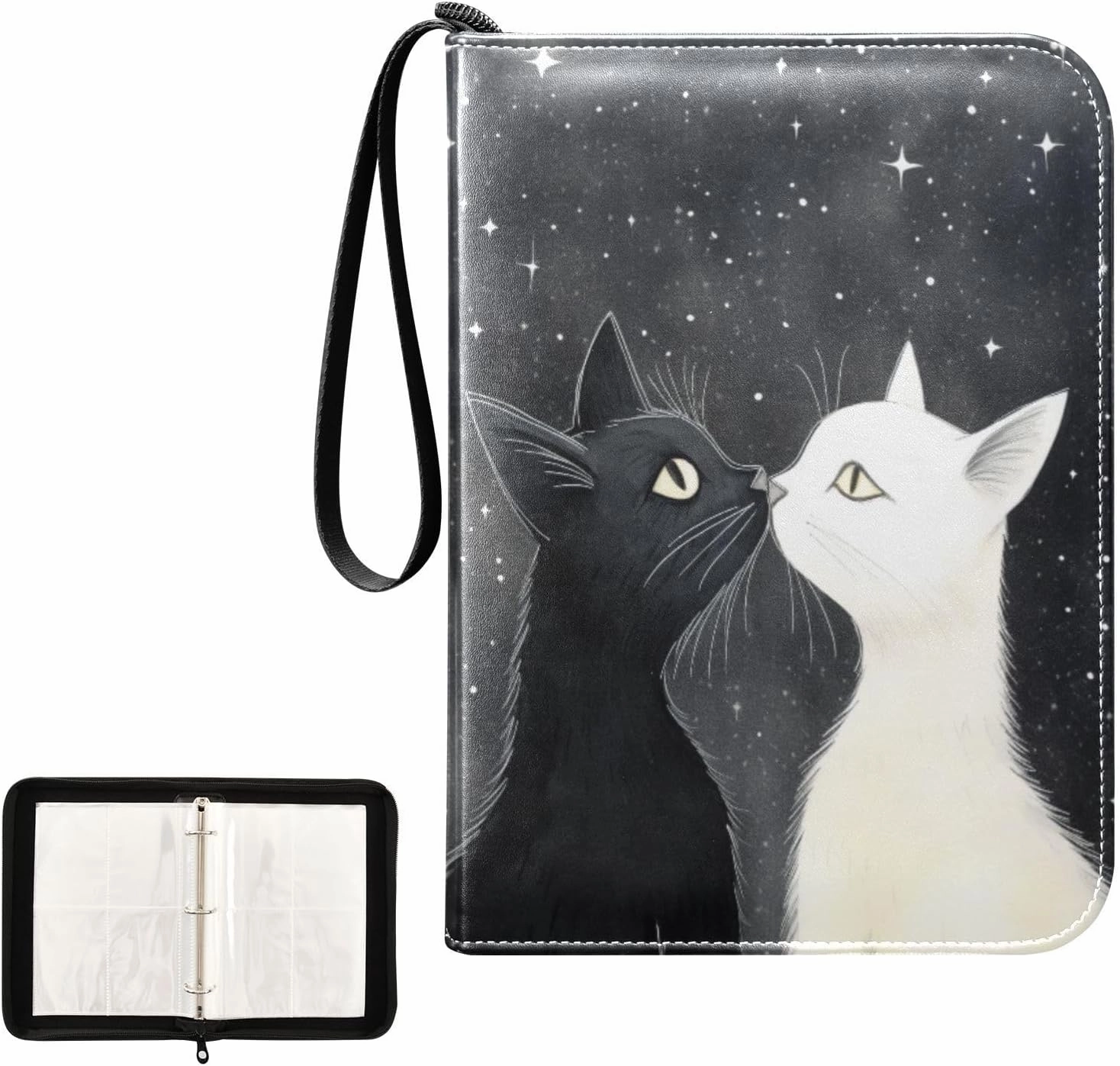 4 Pockets Trading Card Album Holder Book Folder Sports Card Binder Black Cat White Cat 400 Double Side Pockets for 3 Ring Binder Zipper