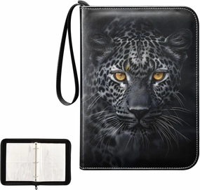 4 Pockets Trading Card Album Holder Book Folder Sports Card Binder Black Leopard 400 Double Side Pockets for 3 Ring Binder Zipper