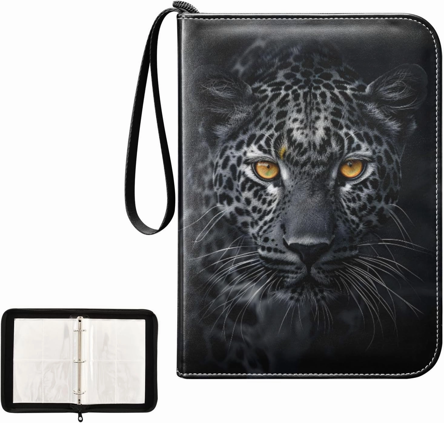 4 Pockets Trading Card Album Holder Book Folder Sports Card Binder Black Leopard 400 Double Side Pockets for 3 Ring Binder Zipper