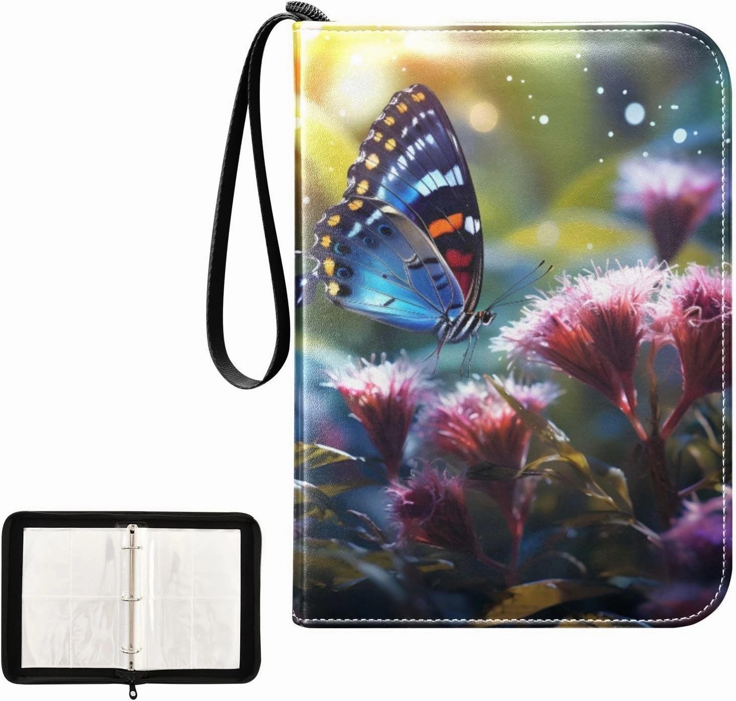 4 Pockets Trading Card Album Holder Book Folder Sports Card Binder Butterfly Flower 400 Double Side Pockets for 3 Ring Binder Zipper