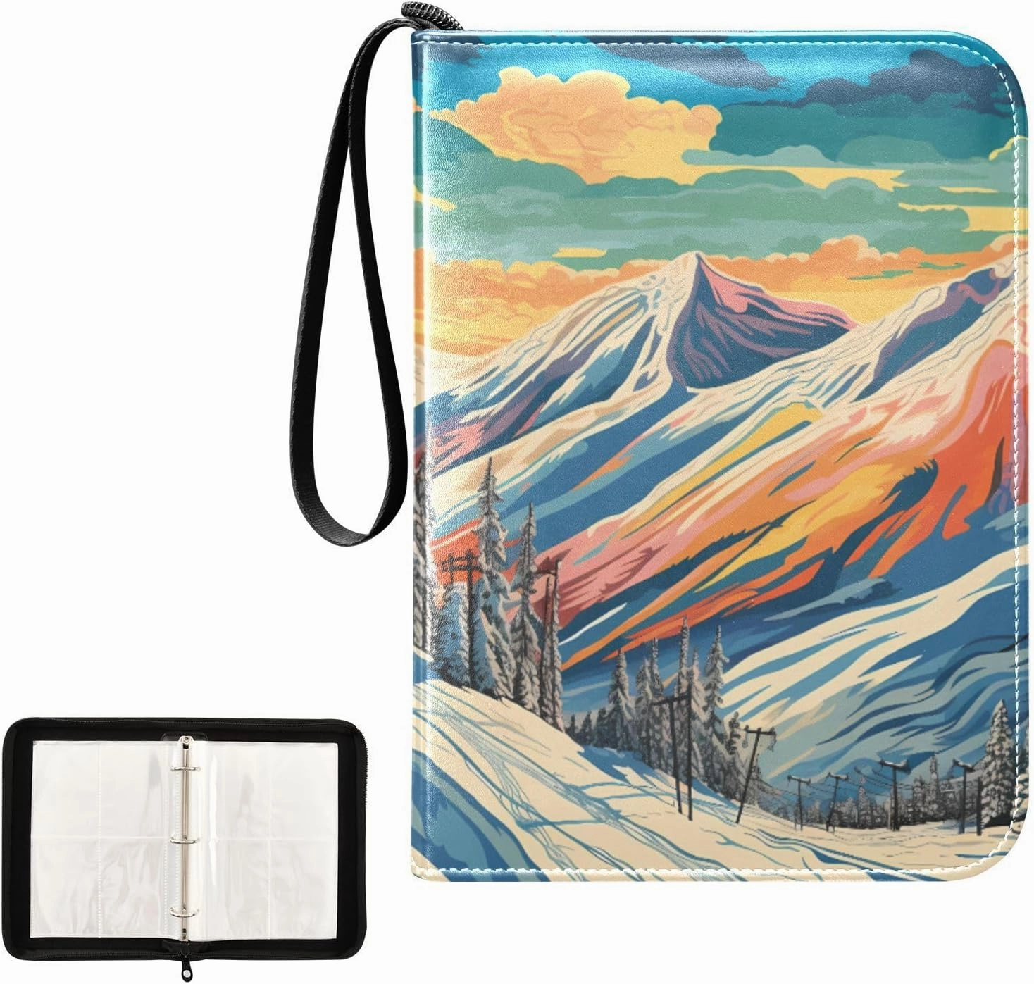4 Pockets Trading Card Album Holder Book Folder Sports Card Binder Cartoon Snow Mountain 400 Double Side Pockets for 3 Ring Binder Zipper