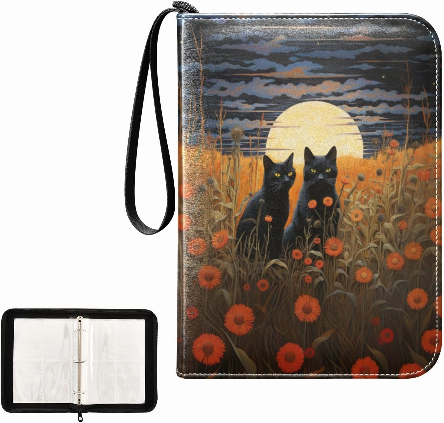 4 Pockets Trading Card Album Holder Book Folder Sports Card Binder Cat Flower Field 400 Double Side Pockets for 3 Ring Binder Zipper