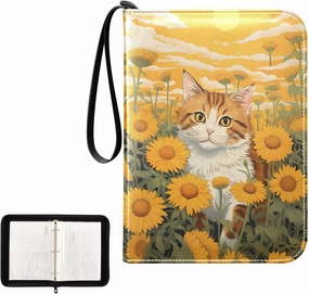 4 Pockets Trading Card Album Holder Book Folder Sports Card Binder Cat Sunflower 400 Double Side Pockets for 3 Ring Binder Zipper