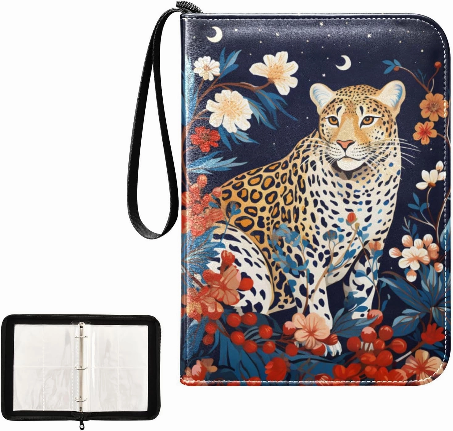 4 Pockets Trading Card Album Holder Book Folder Sports Card Binder Cheetah Leopard 400 Double Side Pockets for 3 Ring Binder Zipper