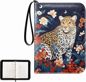 4 Pockets Trading Card Album Holder Book Folder Sports Card Binder Cheetah Leopard 400 Double Side Pockets for 3 Ring Binder Zipper
