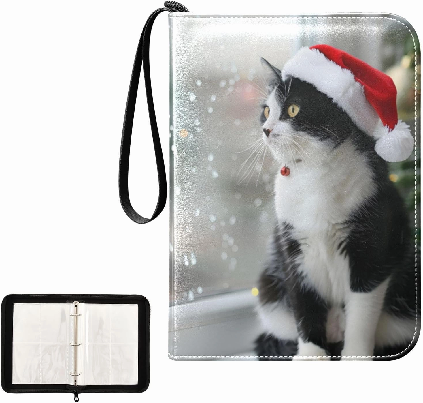 4 Pockets Trading Card Album Holder Book Folder Sports Card Binder Christmas Cat 400 Double Side Pockets for 3 Ring Binder Zipper